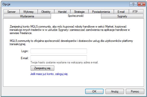 2.10 Społeczność MQL5 (Narzędzia -> Opcje -> Społeczność) Zakładka Społeczność służy do powiązania rachunku inwestycyjnego ze swoim kontem MQL5, dzięki któremu można pobierać i kupować dodatkowe