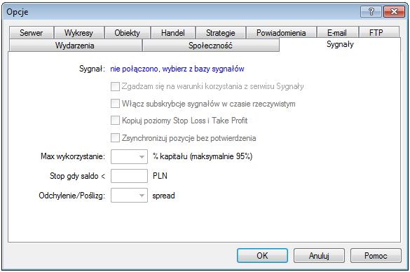 2.11 Sygnały (Narzędzia -> Opcje -> Sygnały) Zakładka zawiera ustawienia dotyczące subskrypcji sygnałów transakcyjnych od zarejestrowanych w MQL5 dostawców.