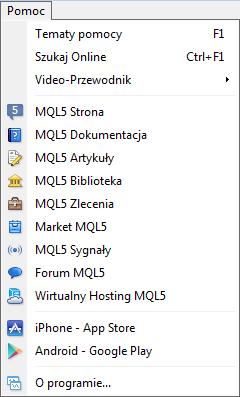 Pomoc Umożliwia korzystanie z pomocy programu. Dodatkowo znajdziemy tam informację o platformie oraz odnośniki do stron związanych tematycznie z językiem programowania MQL4 i MQL5.