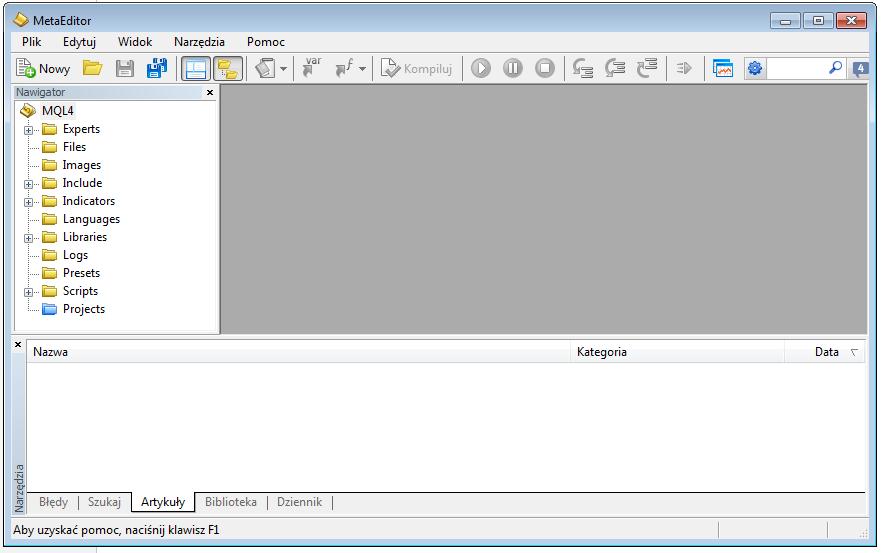 METAEDITOR Jest to element terminala klientowskiego. Służy do kreowania, edycji oraz kompilacji kodów źródłowym napisanych w MQL4.