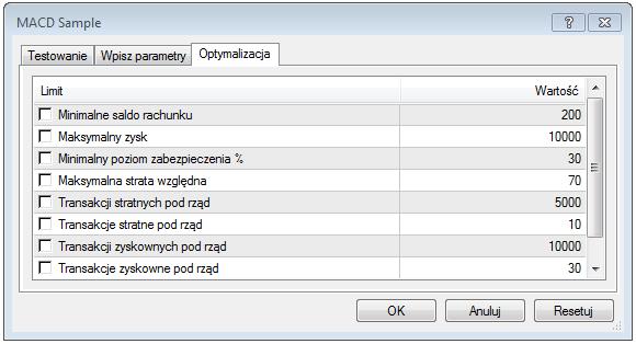 Optymalizacja ustawienia w tej zakładce pozwalają ograniczyć testowane parametry podczas procesu optymalizacji.  6.1.5.