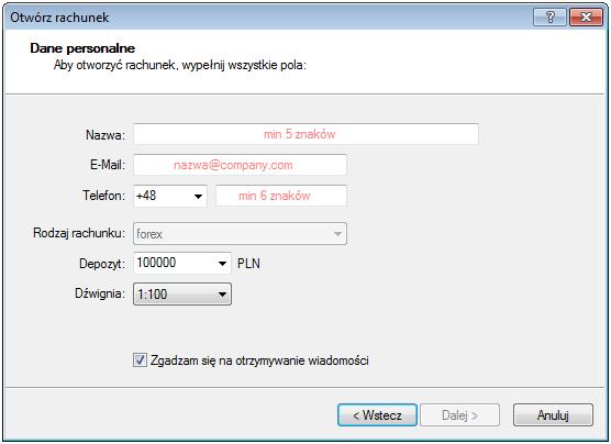 Krok 3 Krok 4 W celu otworzenia rachunku Demo należy na platformie wybrać Plik > Otwórz rachunek lub kliknąć prawym przyciskiem myszy w oknie Nawigator na Rachunki - > Otwórz konto.