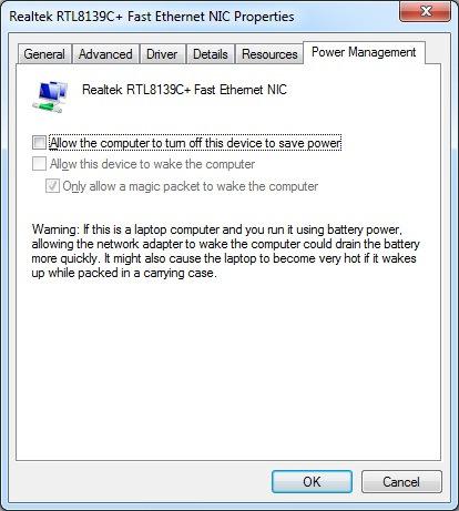 saver Set : None Network card power management settings Start -> Control Panel -> System and Security -> System -> Device Manager -> Network