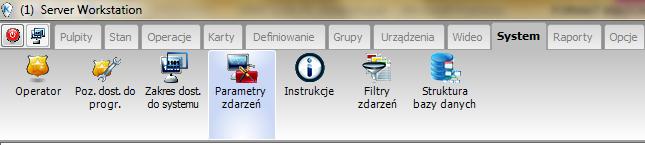 z rozwijanej listy pierwsze zdarzenie z listy na następnej stronie. Na liście Drzwi zaznaczyć poz. Domyślne (czyli wybór wszystkich drzwi). Na liście Wyślij na stacje operatora zaznaczyć poz.