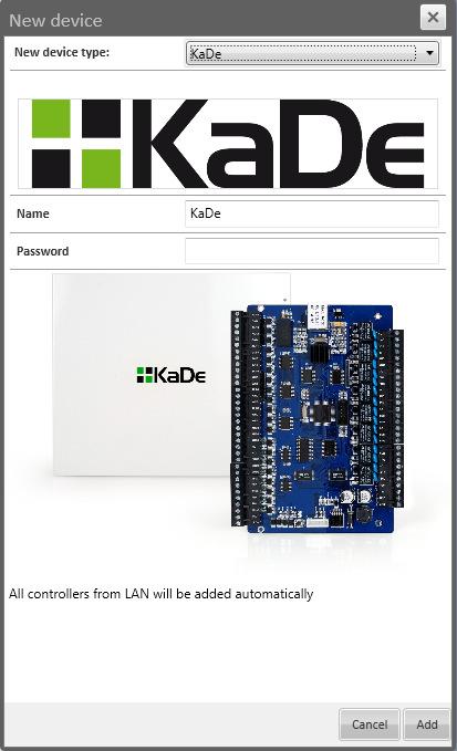 VENO Server 7-4U, Client 7-T- ver. 1.2.34 - User s manual 6. ADDING AND CONFIGURING DEVICES 6.6. Adding and configuration KaDe controller To add KaDe controller to VENO, please connect it with VENO server in a single IP local network.