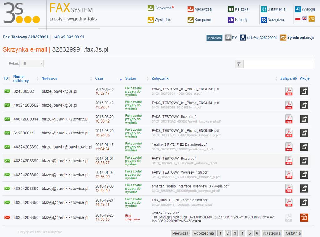 6.3 WIDOK SKRZYNKI EMAIL2FAX System pozwala na podgląd zawartości skrzynki e-mail w podziale na dwa rodzaje wiadomości: 1) Wiadomości zaakceptowane, czyli