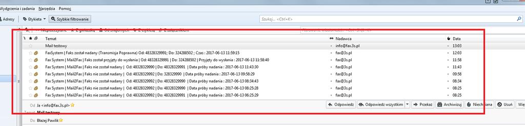 6.7. WIDOK SKRZYNKI POCZTOWEJ ORAZ WIADOMOŚCI GENEROWANE PRZEZ SYSTEM 6.8.