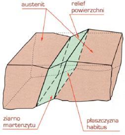 Podczas przemiany następuje skoordynowane przemieszczenie atomów bez zmiany sąsiadujących atomów. Wynikiem jest charakterystyczny relief (rys. 20).