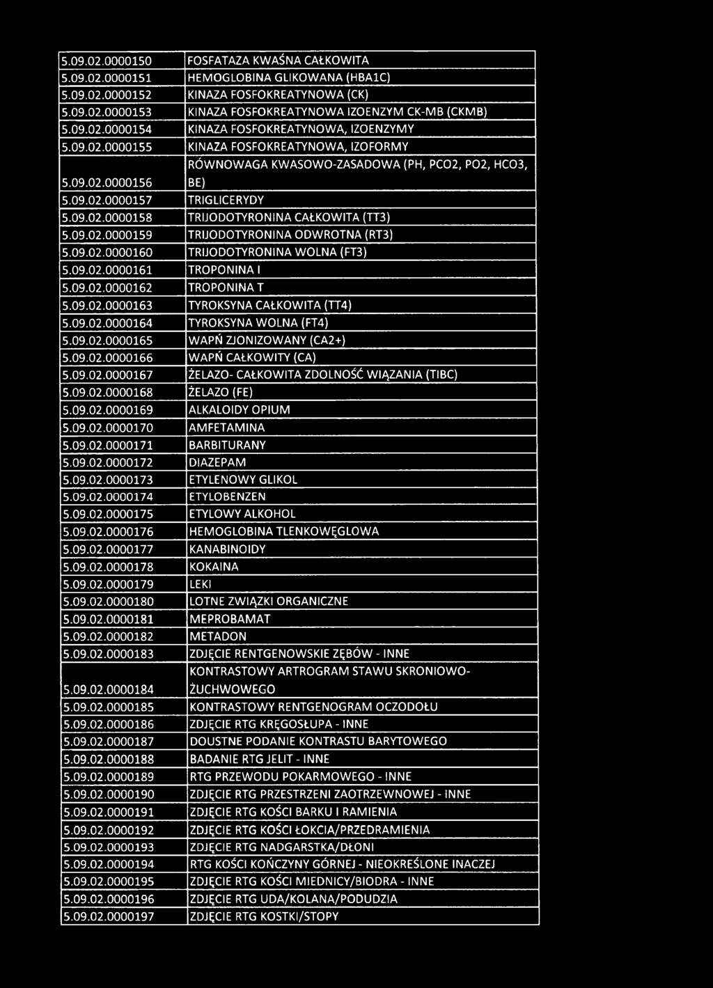 09.02.0000158 TRIJODOTYRONINA CAŁKOWITA (TT3) 5.09.02.0000159 TRIJODOTYRONINA ODWROTNA (RT3) 5.09.02.0000160 TRIJODOTYRONINA WOLNA (FT3) 5.09.02.0000161 TROPONINA 1 5.09.02.0000162 TROPONINAT 5.09.02.0000163 TYROKSYNA CAŁKOWITA (TT4) 5.