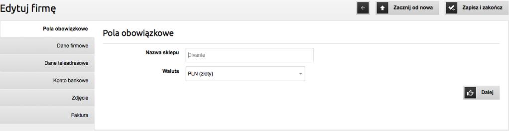 firmy, dane firmy, waluta dla sklepów powiązanych z tą firmą, dane tele-adresowe, konta bankowe,
