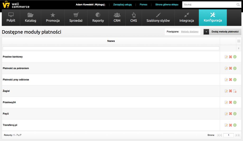 19 Screenshoot. Lista modułów płatności WellCommerce wspiera podstawowe typy płatności takie jak przelew bankowy, płatność za pobraniem lub przy odbiorze.