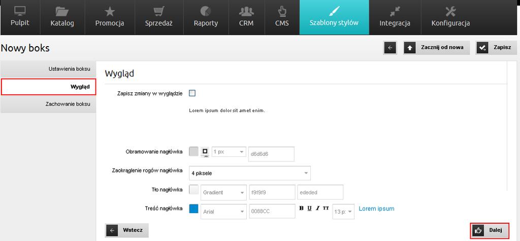 7 Zakładka wygląd nowego boksu. Screenshot.