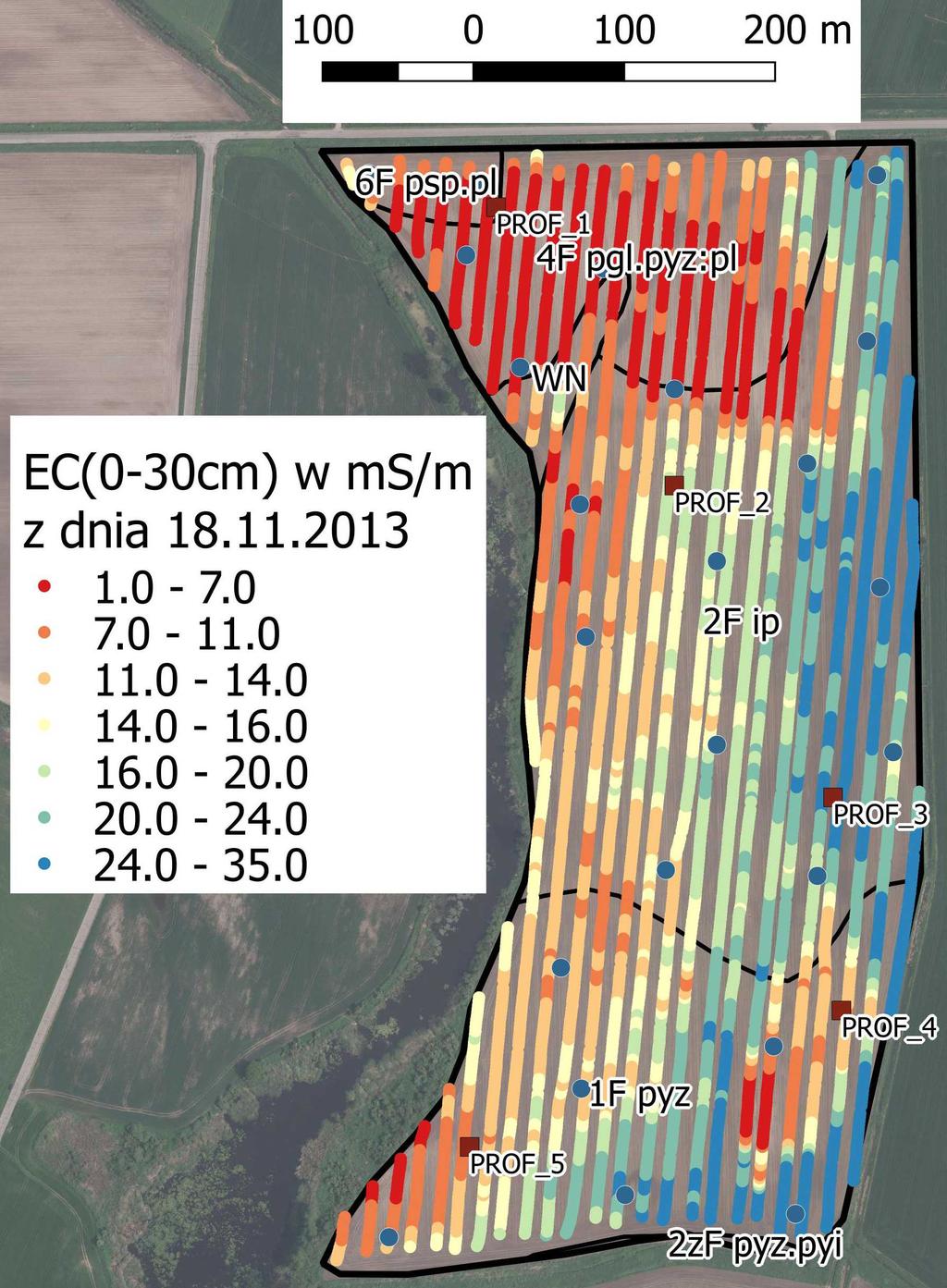 Porównanie map wyników pomiarów EC dla różnych