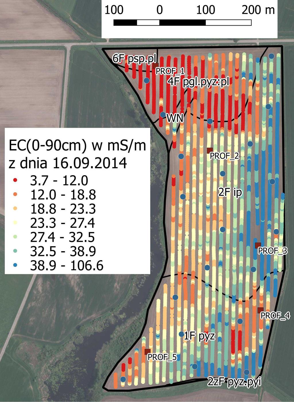 Porównanie map wyników pomiarów EC wykonanych w różnych terminach (16 i