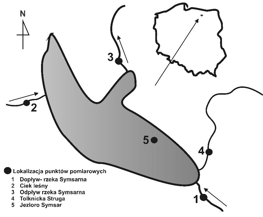 Wpływ rolniczego zagospodarowania zlewni na zawartość azotu w jeziorze symsar badań pobierane były co miesiąc próbki wody (łącznie 12 prób) do pojemników polietylowych o pojemności 5 dm 3. Rys. 1. Lokalizacja punktów poboru prób.