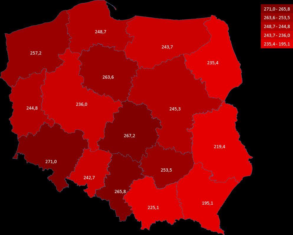 mieszkańców w podziale na województwa w 2012 r.