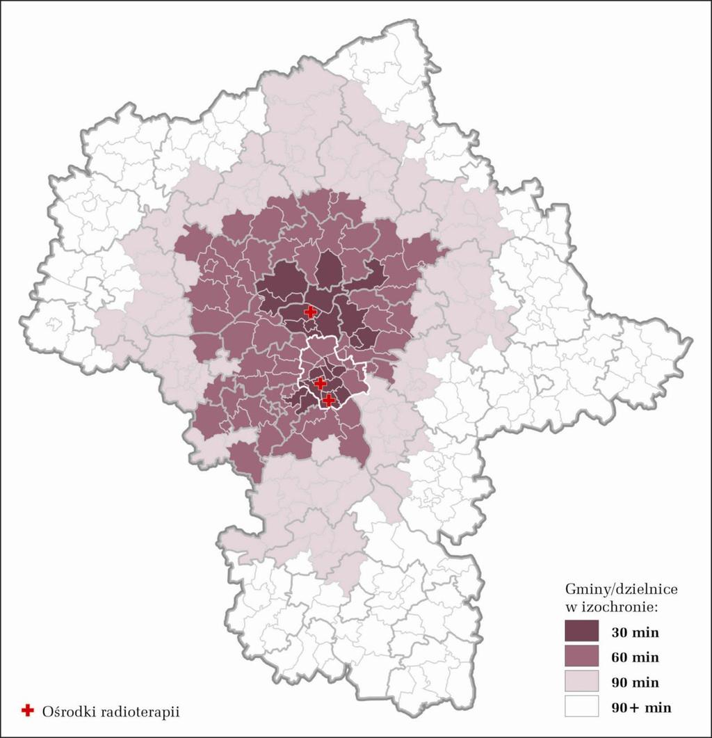 Mapa 8. Mapa dostępności do radioterapii w woj. mazowieckim wariant pesymistyczny Źródło: Opracowanie własne na podstawie Google Maps i R.