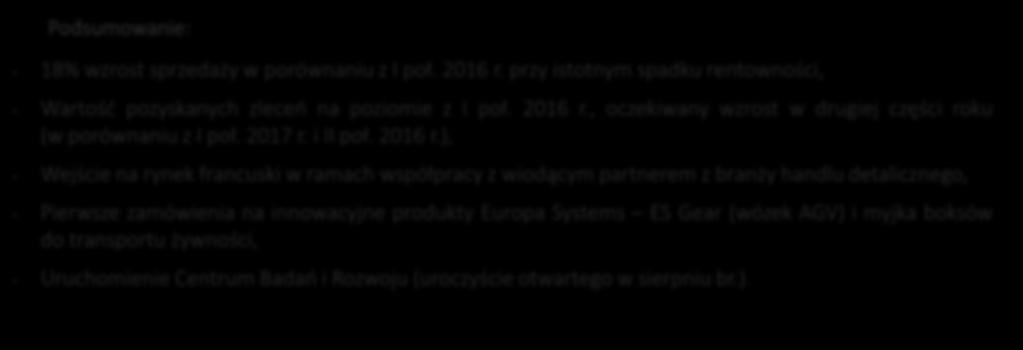 Europa Systems Wzrost sprzedaży, inwestycje w zespół i innowacje Podsumowanie: 18% wzrost sprzedaży w porównaniu z I poł. 216 r.