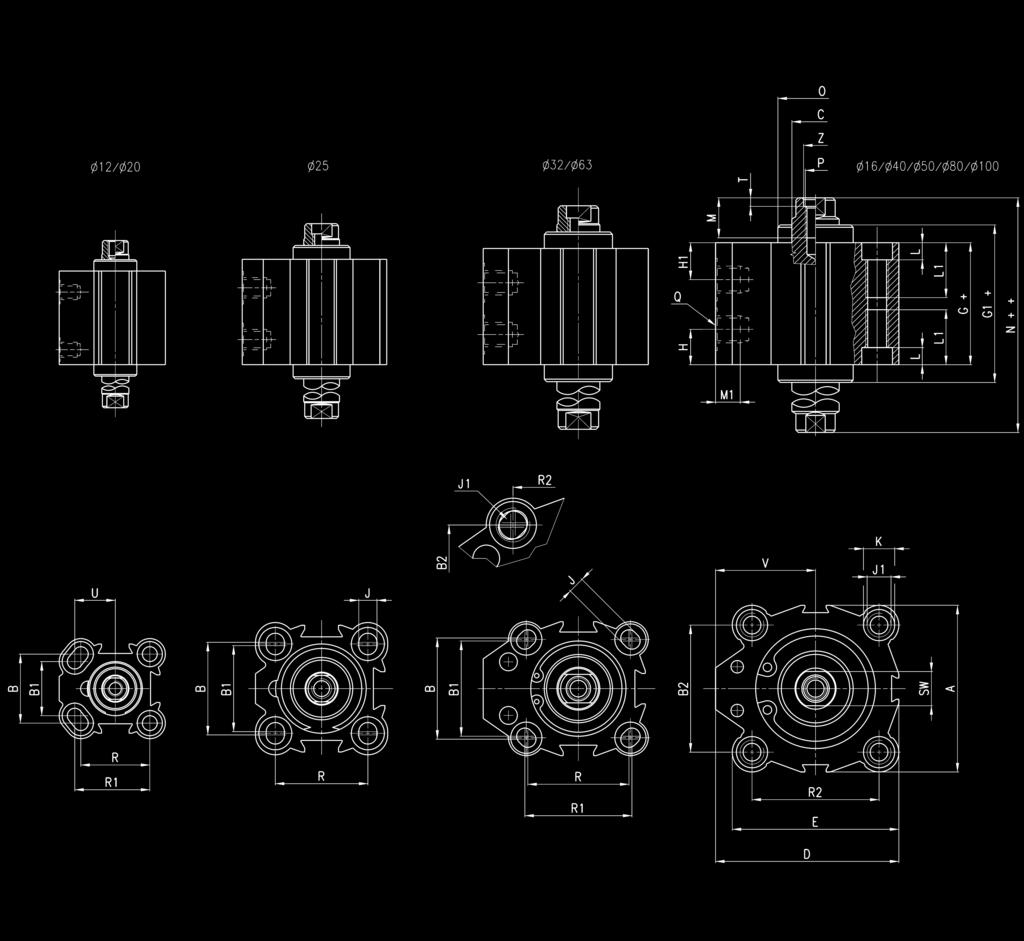 KATALOG > Wydanie 8.7 > Siłowniki serii QP-QPR Siłowniki krótkoskokowe serii QP Uwaga: Zatrzymanie mechaniczne przed końcem skoku powinno być realizowane przez zewnętrzny element.