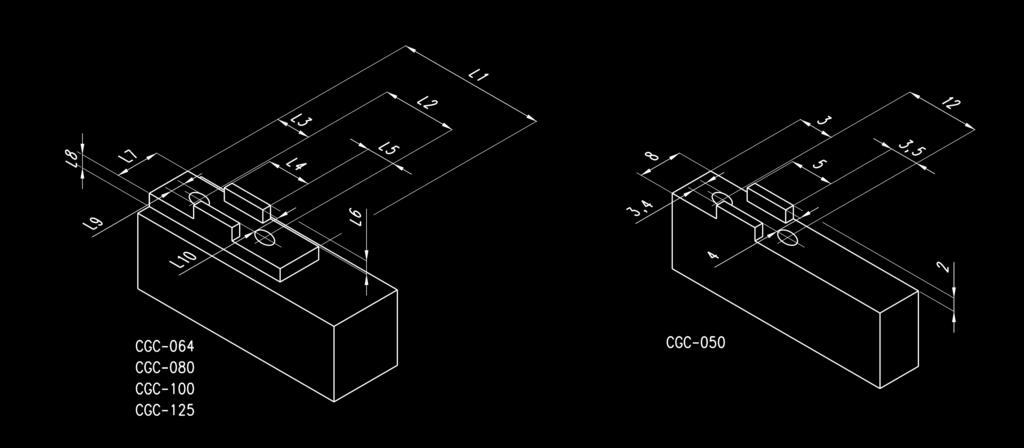 Ø6,6 M6x Ø5 PT /8 Ø6 3 3 90 400 CGC-25 25 76 65,5 78,5 52 40 24 8,5 8 4 8 30 6,2 3,5 27,5 Ø9 M6x Ø6 PT /8 Ø6 3 3,5 2 2400 Wymiary podpór dla chwytaków serii CGC