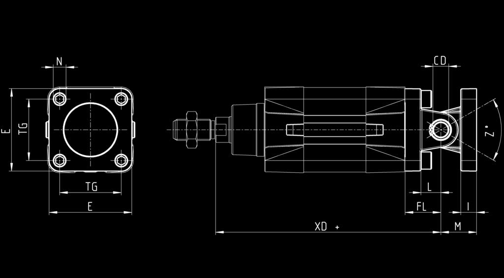 > Siłowniki serii 6PF KATALOG > Wydanie 8.7 Połączenie wahliwe, mod. C+L+S Materiał: aluminium Model Ø CD L FL XD+ TG E I M N maks.