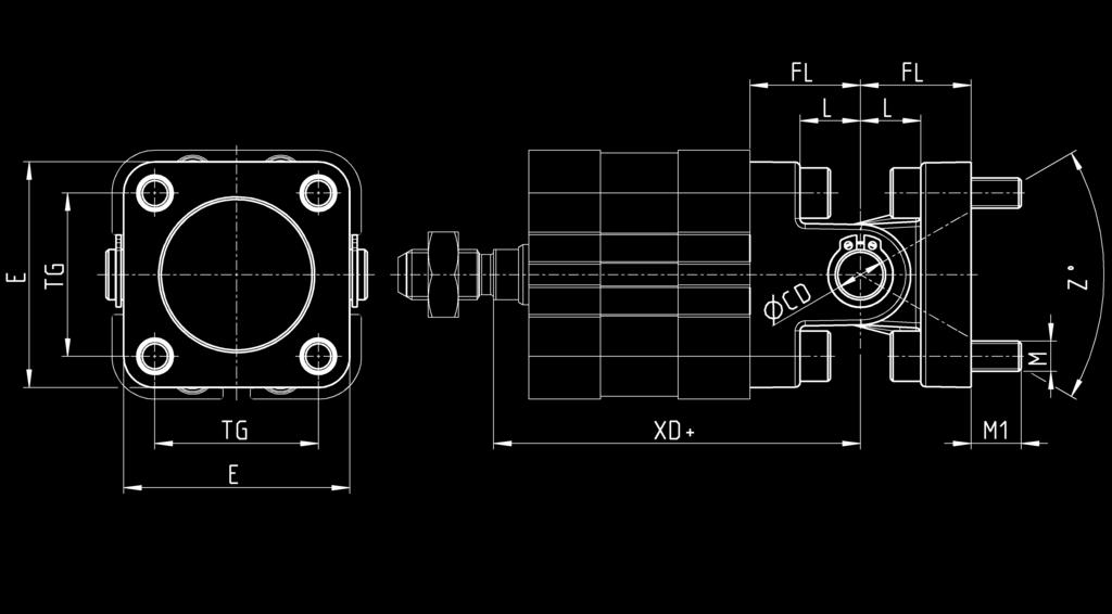 KATALOG > Wydanie 8.7 > Siłowniki serii 32 Połączenie wahliwe, mod. C+L+S Materiał: aluminium Model Ø CD Ø E L FL M M TG XD+ Z (maks.