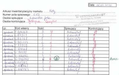 SPOSÓB UZUPEŁNIANIA ARKUSZA SPISOWEGO: W arkuszu spisowym w rubryce Ilość - osoba spisująca (kolor niebieski), osoba kontrolująca (kolor czerwony), w przypadku gdy osoba kontrolująca stwierdzi