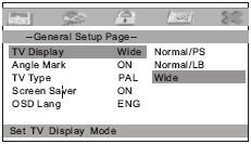 TV Display: Reguluje format wyświetlania obrazu Normal/PS, Normal/LB, oraz