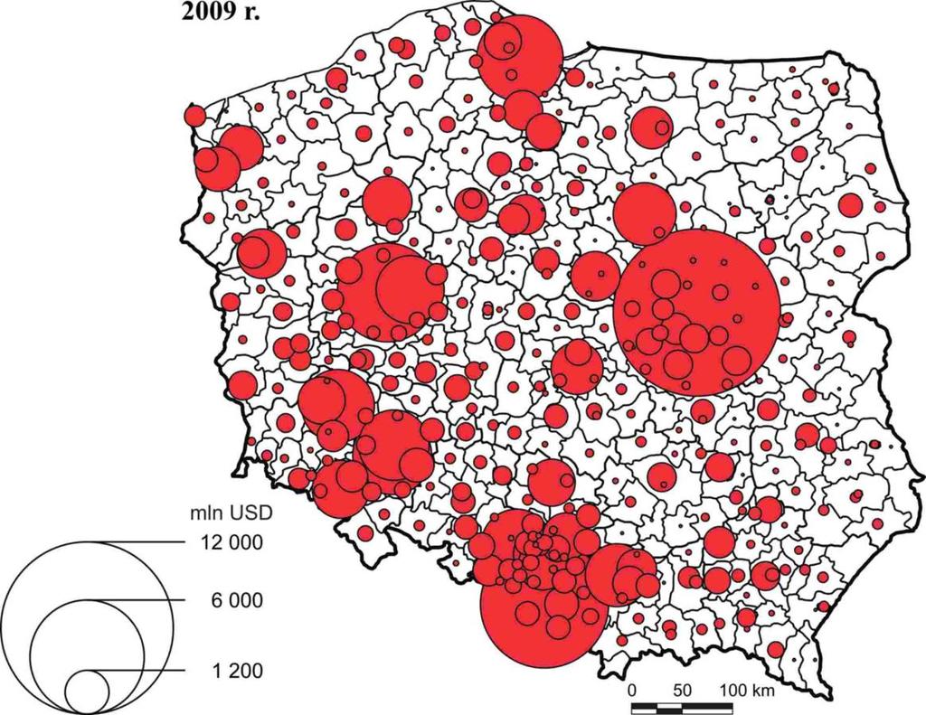 Wartość eksportu ogółem, 2009, mln USD Źródło: Komornicki T., Zaucha J., Szejgiec B., Wiśniewski R.