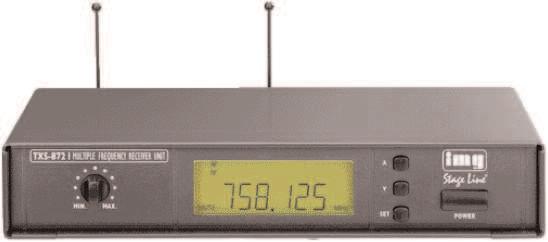 diversity z wymiennymi antenami (złącza BNC) Automatyczne skanowanie Wyświetlacz LCD: częstotliwość, antena A/B, poziom mocy sygnału RF, poziom sygnału audio AF, stan baterii nadajnika Wyciszanie