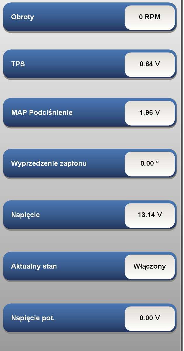 DIAGNOSTYKA W tym rozdziale zawarte są informacje odnośnie wartości wyświetlanych w aplikacji. 1. Obroty okno wskazuje aktualne obroty silnika. 2.