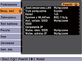 Konfigurcj projektor 12 Aby skonfigurowć projektor n potrzeby połączeni z siecią bezprzewodową lub przewodową LAN wykonj poniższe czynności.