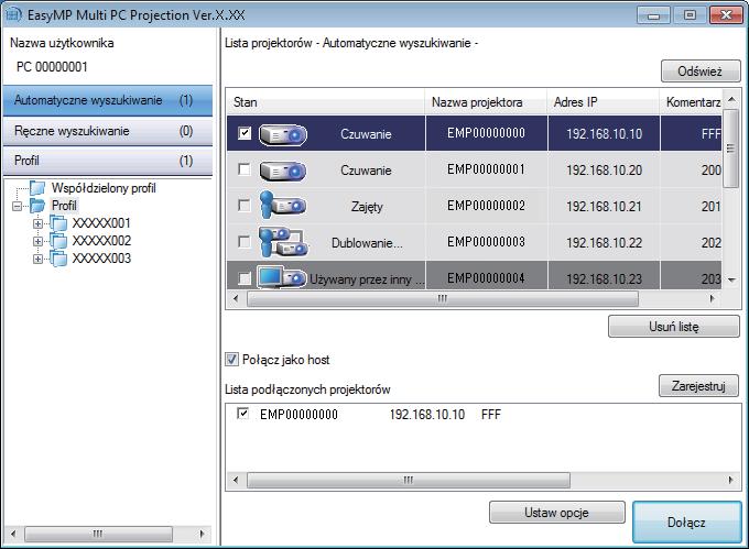 Sposoby połączeń 17 Windows XP, Windows Vist lub Windows 7: Kliknij Strt, wybierz Progrmy (lub Wszystkie progrmy), EPSON Projector, EsyMP Multi PC Projection, nstępnie kliknij EsyMP Multi PC