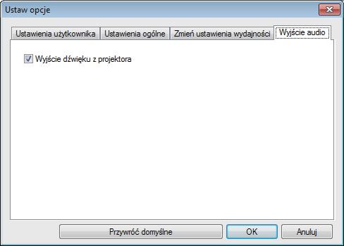 Ustw opcje 61 Wyjście dźwięku z projektor Przywróć domyślne Wybierz tę opcję, by odtwrzć dźwięk komputer z projektor. Odzncz opcję, by dźwięk był odtwrzny przez komputer.