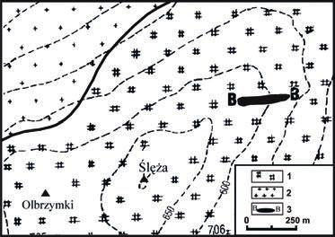 1- metagabro, 2 granitoidy strzegomskie, 3 ciało rudne B-B Fig. 2. Fragment of the map after Wahed & Mierzejewski [3] with body B-B of ilmenite.