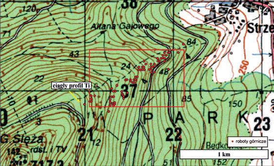 Rys. 11. Mapa wyrobisk poszukiwawczych na zboczu Ślęży Fig. 11. Map of prospecting workings on the slope of Mt. Ślęża Rys. 12. Powiększony obraz wyrobisk poszukiwawczych z rys. 11 (ramka na rys.
