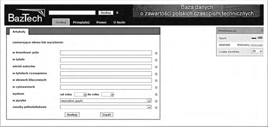 Матеріали шостої міжнародної науково-практичної конференції, 10 11 вересня 2015 року Rys. 3. Formularz wyszukiwawczy BazTech Źródło: BazTech [on-line]. [Dostęp 28.08.2015 ]. Dostępny w: http://yadda.