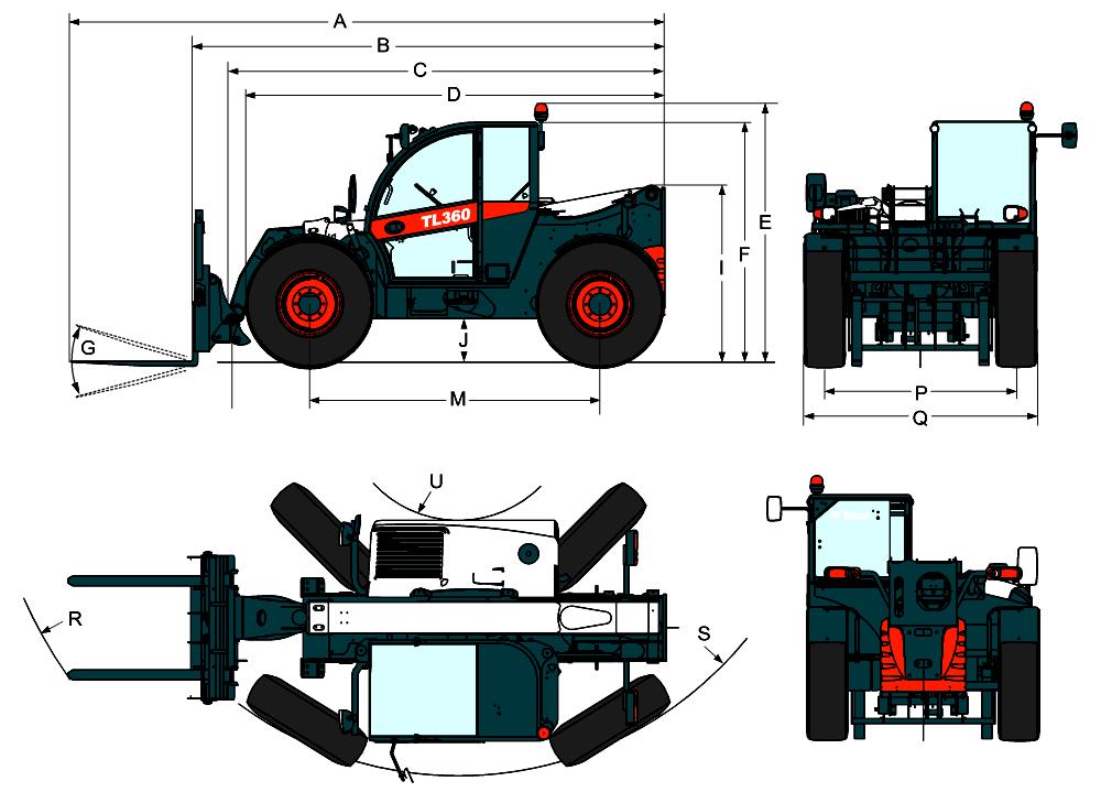 Wymiary (A) Długość całkowita (z widłami) 5874.0 mm (B) Długość całkowita (z podwoziem) 4669.0 mm (C) Długość całkowita (bez osprzętu) 4563.