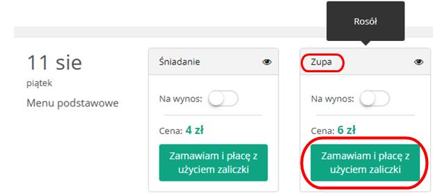 Gdy najedziesz kursorem na dany zestaw zobaczysz, co wchodzi w jego skład, jeśli jadłospis jest podany.