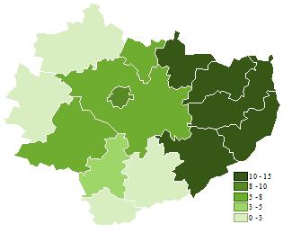 2. Zachorowania i zachorowalność na przedinwazyjnego raka piersi w województwie świętokrzyskim w latach 1999-2012 Mapa 2.3.