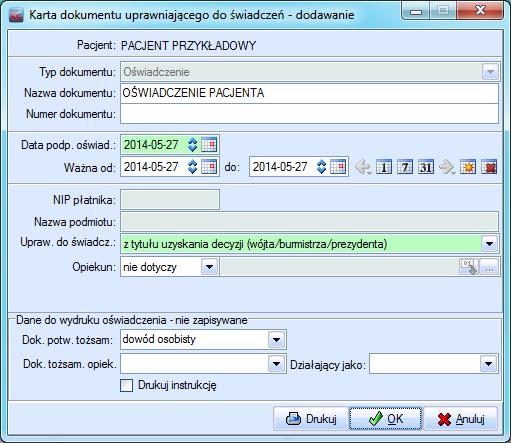 Po użyciu przycisku F2 Dodaj oświadczenie zostanie wyświetlone Karta dokumentu