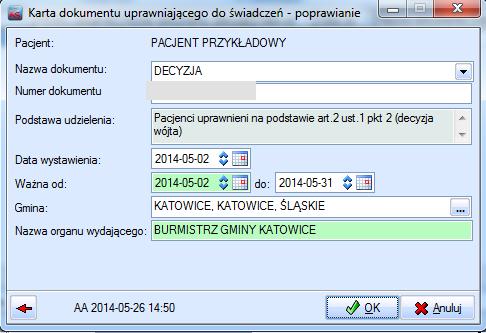 należy wprowadzić dokument uprawniający. Zostanie wyświetlone okno Karta dokumentu uprawniającego do świadczeń, w którym należy wprowadzić niezbędne dane.