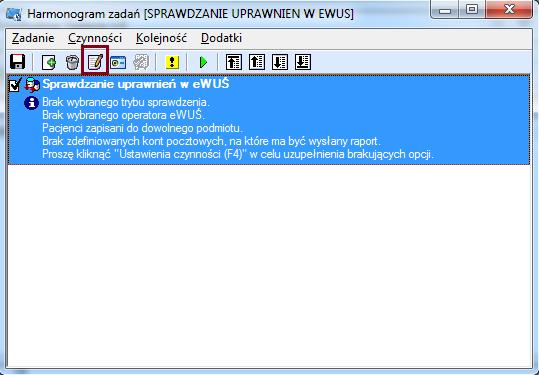 Zgodnie z treścią komunikatu należy skonfigurować ustawienia zadania przy użyciu funkcji Ustawienia czynności (F4).