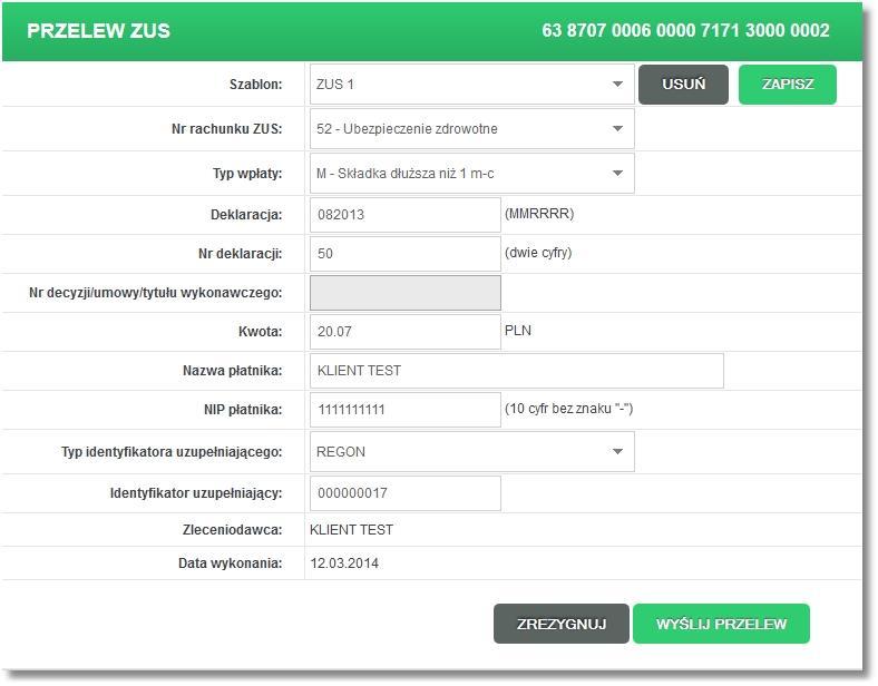 Szablon - przelew ZUS tak jak i pozostałe przelewy można zapisać w postaci szablonu. Szablonów może być dowolna ilość.