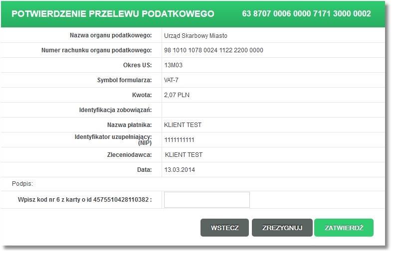 Uwaga: Zatwierdzenie przelewu wymaga wprowadzenia klucza, czyli hasła użytkownika wraz z aktualnym wskazaniem tokena (RSA/VASCO), Odbiorcy Dokonując powtarzalnych płatności na rzecz tych samych