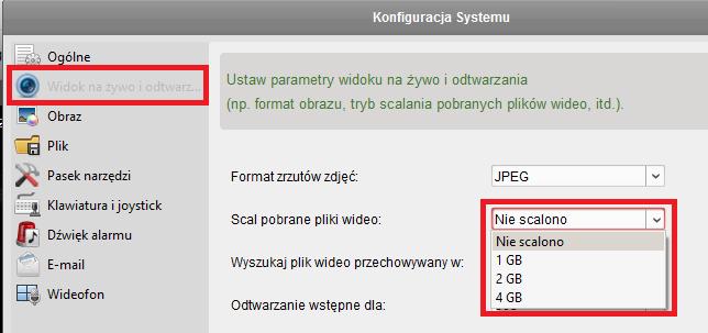 W tym celu należy skorzystać z menu Narzędzia Konfiguracja Systemu Widok na żywo i odtwarzanie i wybrać odpowiednią wielkość scalonego pliku.