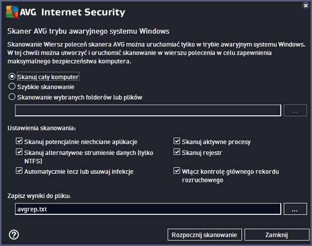 avgscanx w przypadku 32-bitowych systemów operacyjnych avgscana w przypadku 64-bitowych systemów operacyjnych 3.7.3.1. Składnia polecenia Składnia polecenia jest następująca: avgscanx /parametr np.