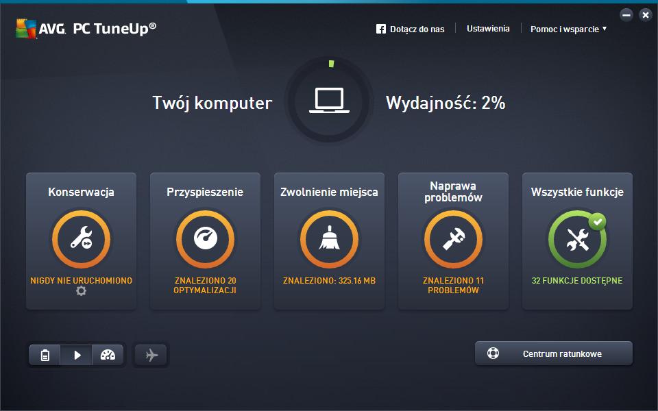 4.1. Tablica przyrządów Nowa tablica przyrządów AVG PC TuneUp jest centralnym punktem dostępu do wszystkich funkcji i opcji optymalizacyjnych.