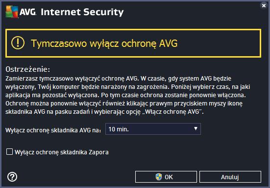 Jak wyłączyć ochronę AVG Zaznacz pole wyboru Tymczasowo wyłącz ochronę AVG, a następnie potwierdź swoją decyzję, klikając przycisk Zastosuj.