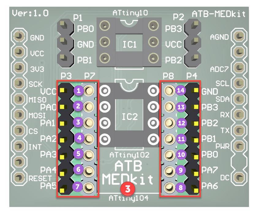 10 ATB-MEDkit Tiny Developement Board Sekcja 3 DIP14 W sekcji DIP14 można umieszczać mikrokontrolery ATtiny 102/104 a także ATtiny 20/40 za pomocą dodatkowej płytki PCB, przejściówki MEDkit adapter.